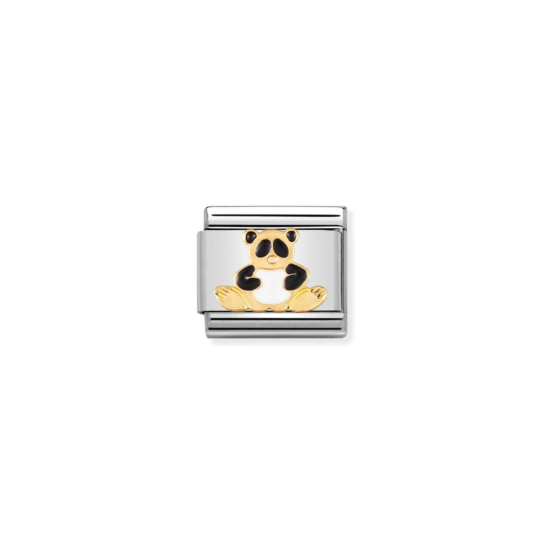 Niche Jewellery Nomination charm featuring a gold and enamel panda design on a stainless steel link