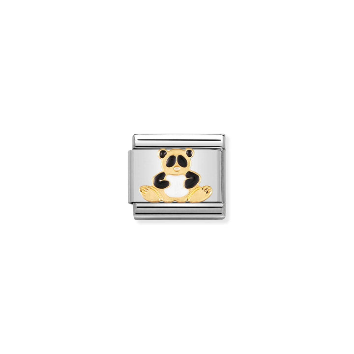 Niche Jewellery Nomination charm featuring a gold and enamel panda design on a stainless steel link