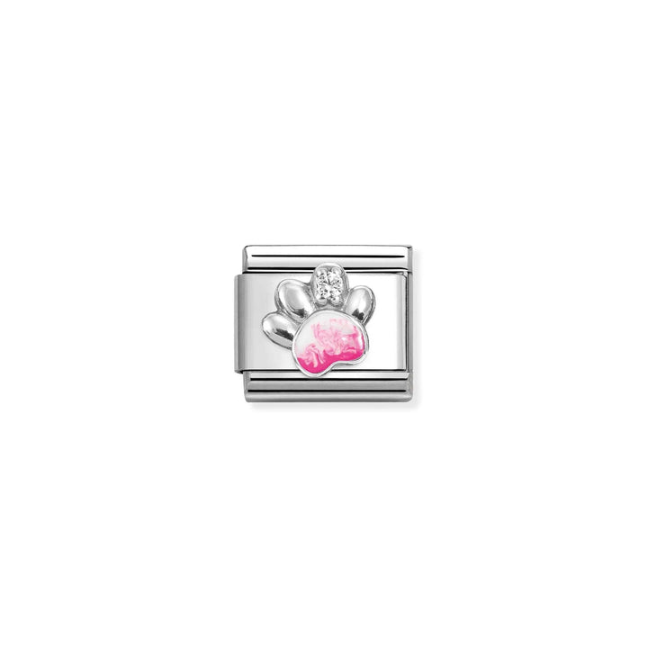 Niche Jewellery Nomination charm featuring a silver paw print with pink enamel and a sparkling cubic zirconia stone.