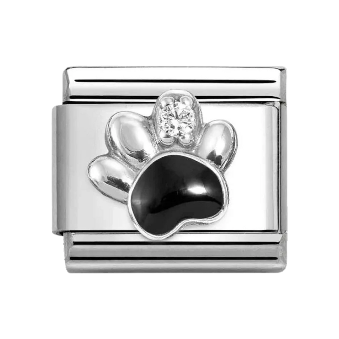 Niche Jewellery Nomination silver charm featuring a black enamel paw print and sparkling cubic zirconia detail.