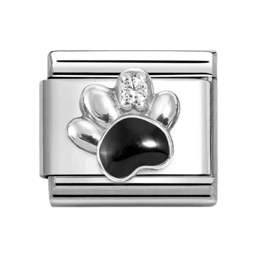 Niche Jewellery Nomination silver charm featuring a black enamel paw print and sparkling cubic zirconia detail.