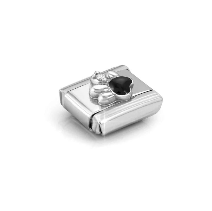 Niche Jewellery Nomination silver charm featuring a black enamel paw print and cubic zirconia on stainless steel