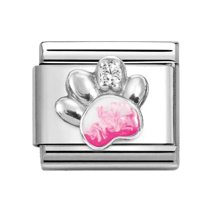 Niche Jewellery Nomination charm featuring a silver paw print with pink enamel and a sparkling cubic zirconia stone.