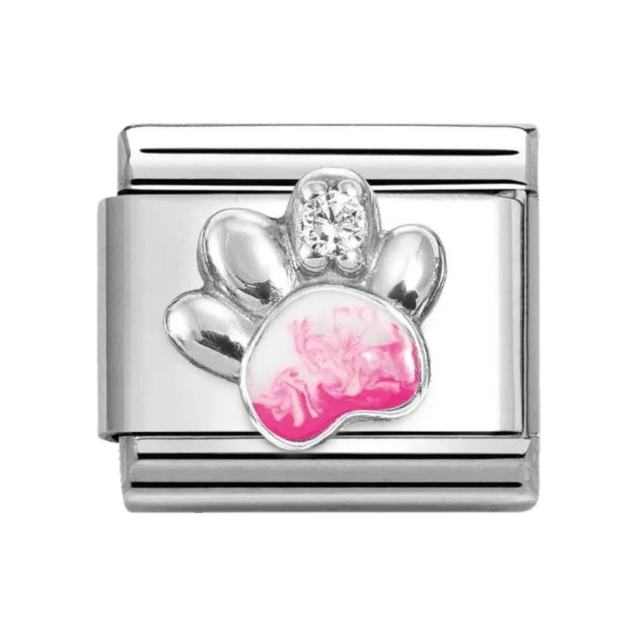 Niche Jewellery Nomination charm featuring a silver paw print with pink enamel and a sparkling cubic zirconia stone.