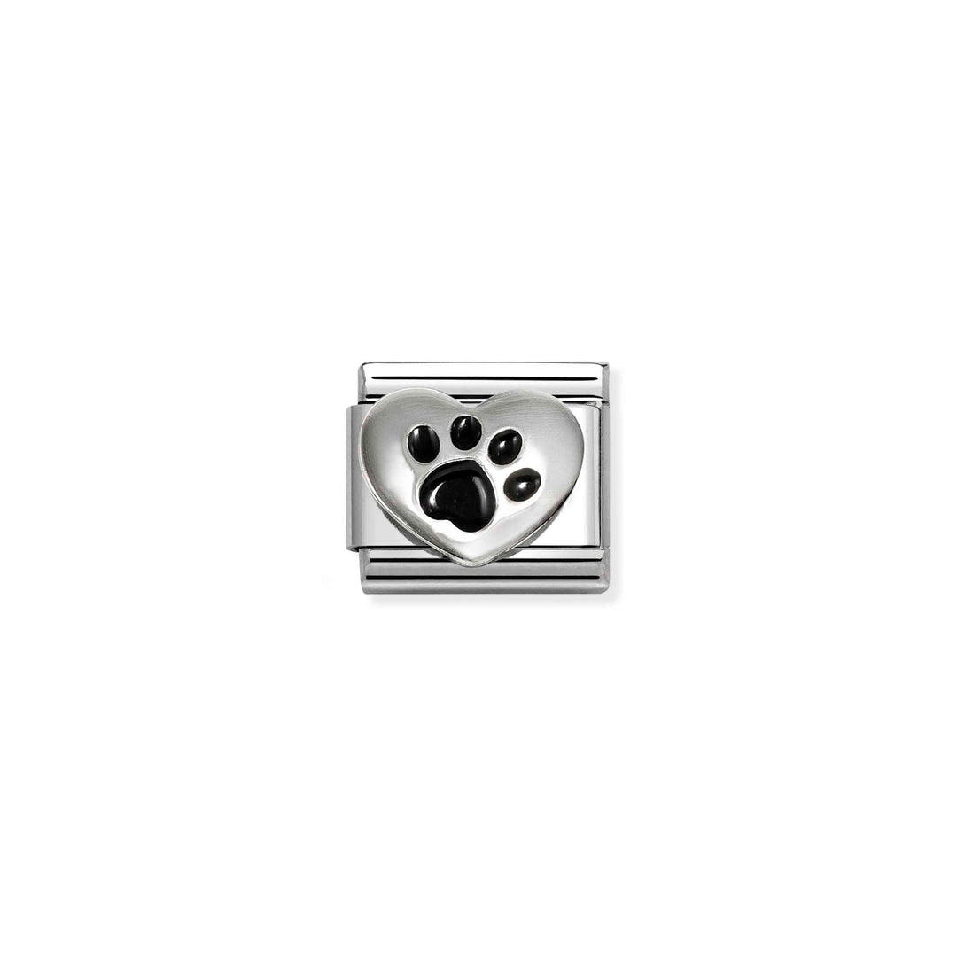 Niche Jewellery Nomination charm featuring a silver heart with a black enamel paw print for a classic bracelet