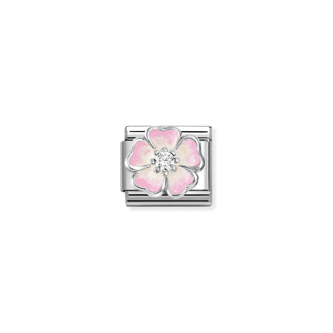 Niche Jewellery Nomination silver charm featuring a pink and white enamel flower with a central cubic zirconia stone.