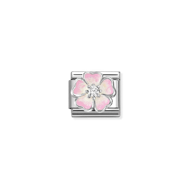 Niche Jewellery Nomination silver charm featuring a pink and white enamel flower with a central cubic zirconia stone.