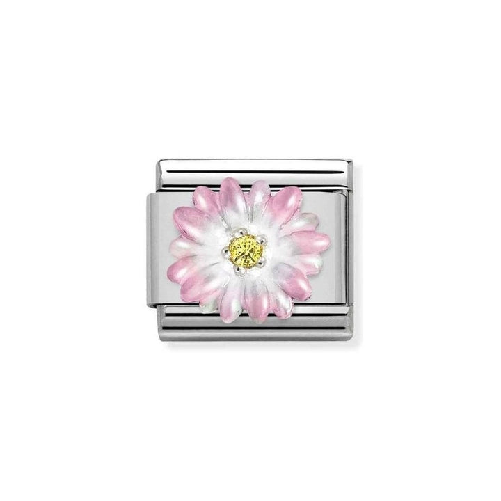 Niche Jewellery Nomination silver charm with a pink enamel daisy flower and yellow zirconia centre.
