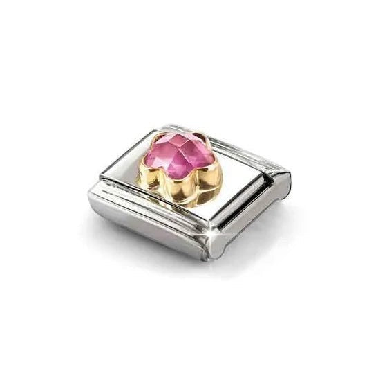 Niche Jewellery Nomination charm featuring a faceted pink stone flower set in 18k gold and stainless steel.
