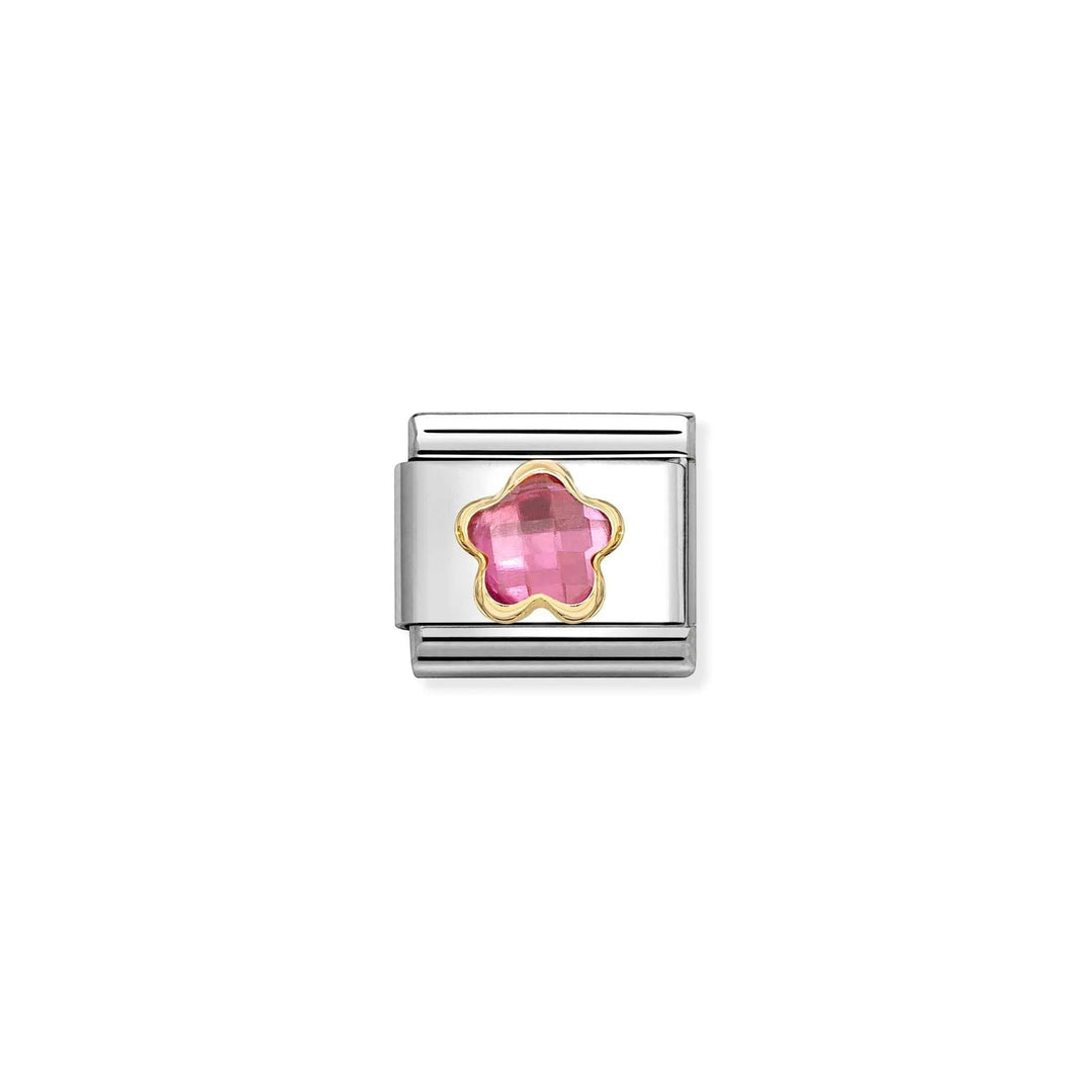 Niche Jewellery Nomination gold charm featuring a faceted pink stone flower set in stainless steel and 18k gold.