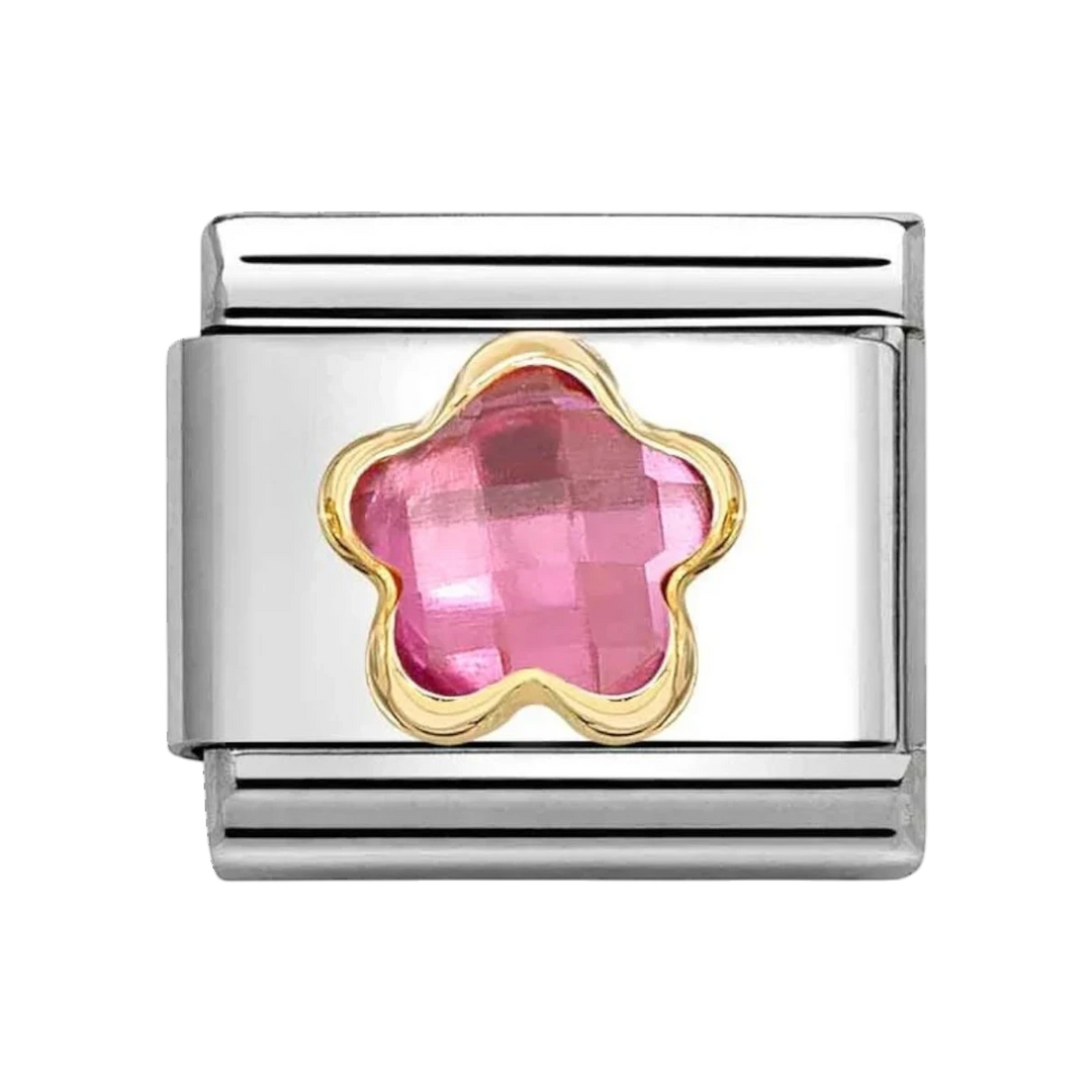 Niche Jewellery Nomination gold charm featuring a faceted pink stone flower set in stainless steel and 18k gold.
