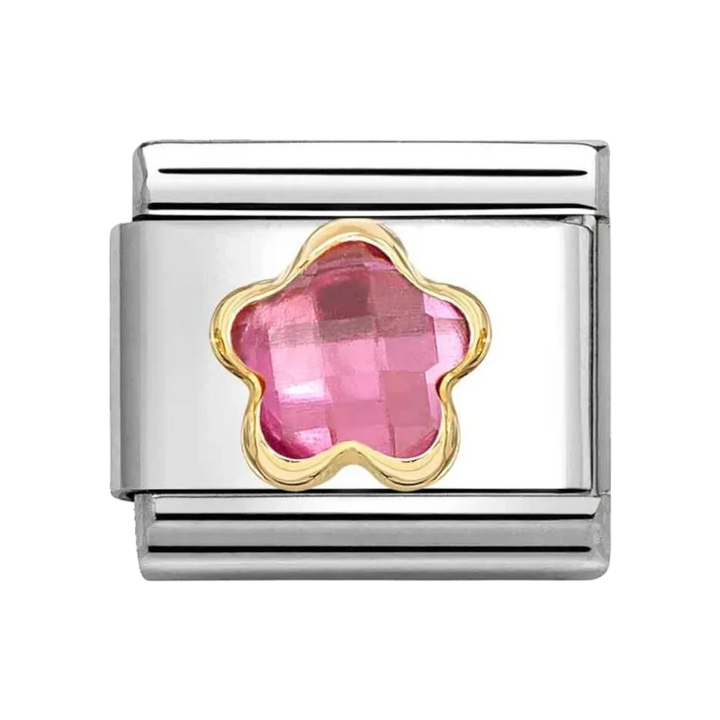 Niche Jewellery Nomination gold charm featuring a faceted pink stone flower set in stainless steel and 18k gold.