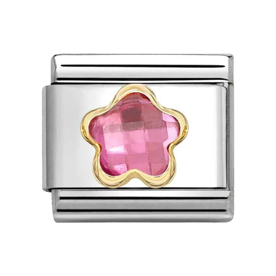 Niche Jewellery Nomination gold charm featuring a faceted pink stone flower set in stainless steel and 18k gold.