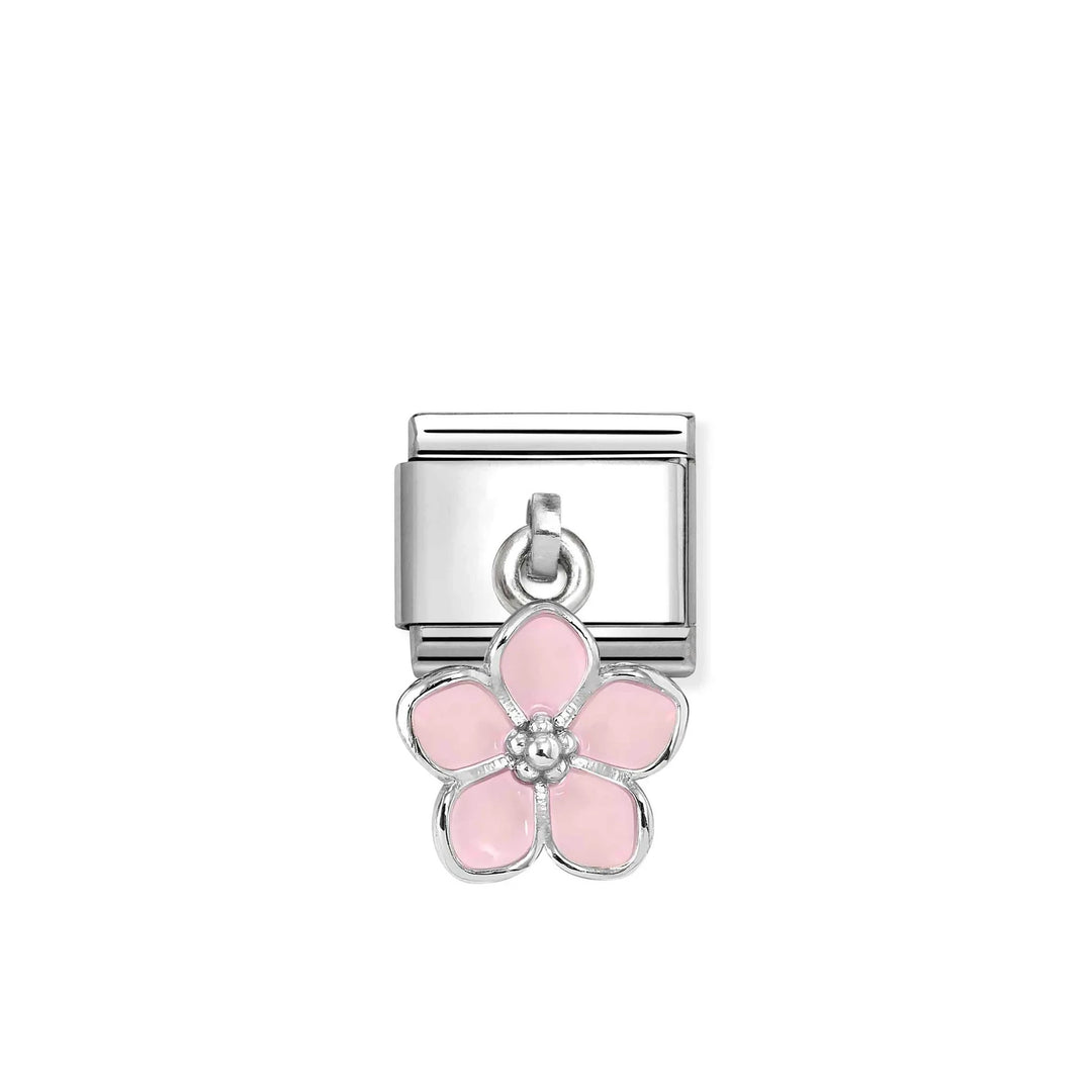 Niche Jewellery Nomination silver composable charm featuring a delicate pink enamel flower drop design.