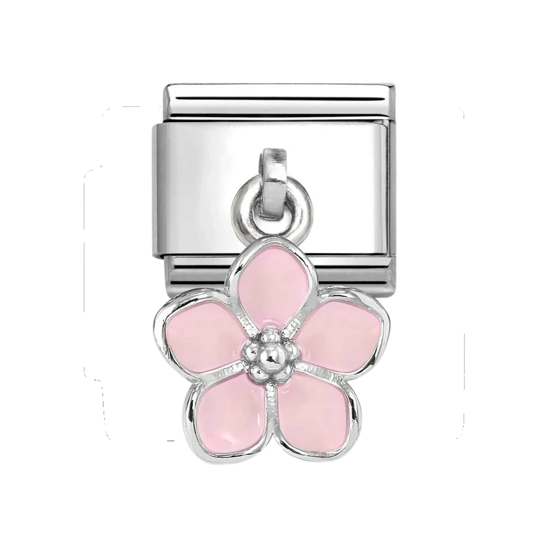 Niche Jewellery Nomination silver composable charm featuring a delicate pink enamel flower drop design.