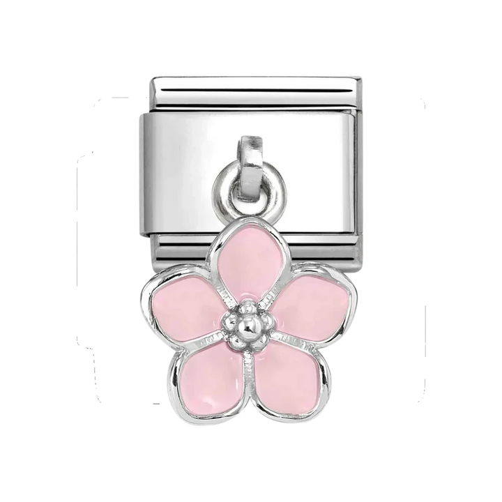 Niche Jewellery Nomination silver composable charm featuring a delicate pink enamel flower drop design.