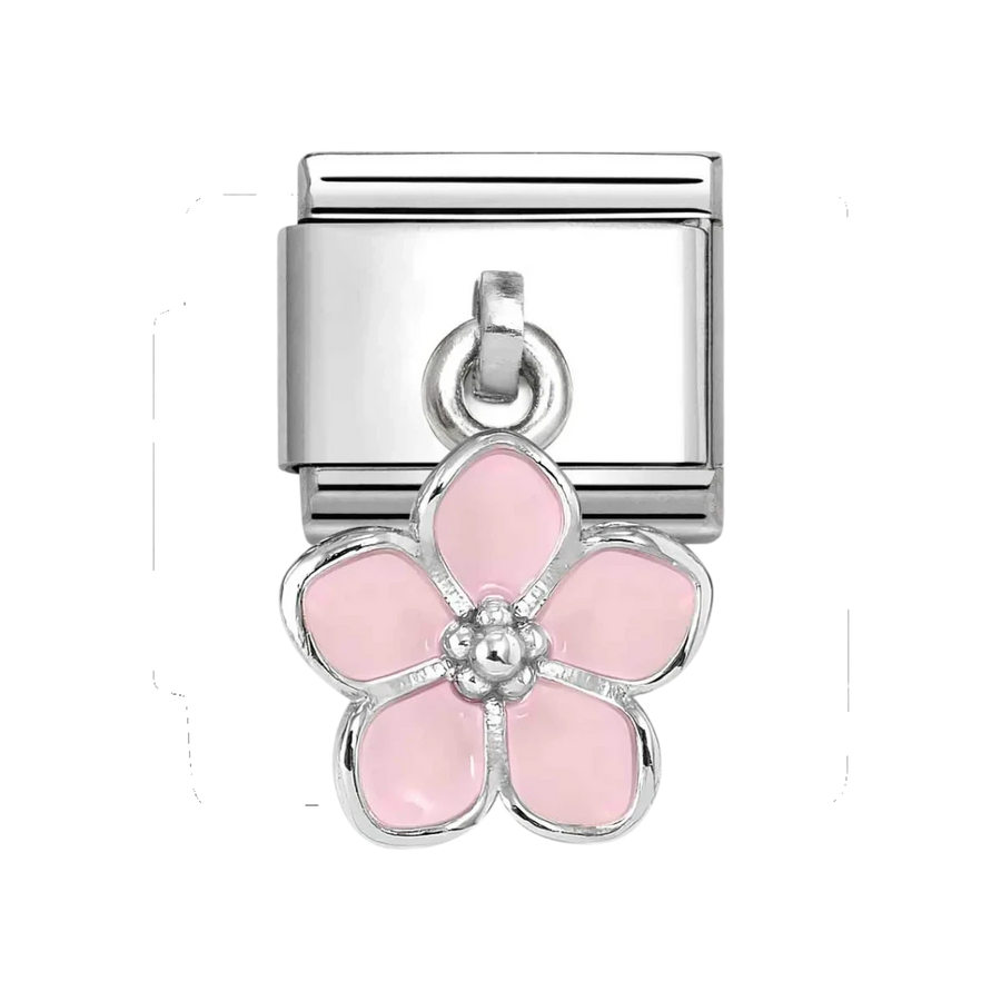 Niche Jewellery Nomination silver composable charm featuring a delicate pink enamel flower drop design.