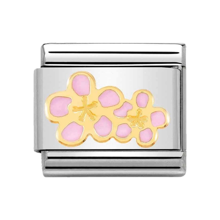 Niche Jewellery Nomination charm featuring a pink enamel peach flower motif on stainless steel and 18k gold link.