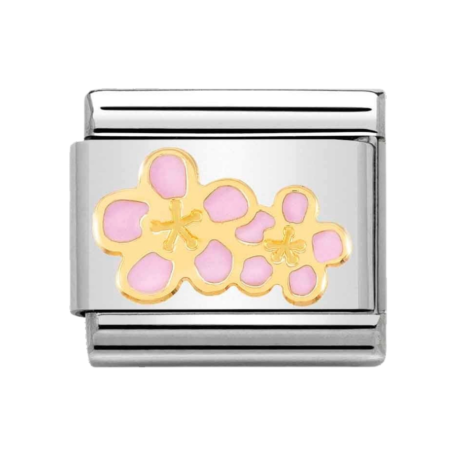 Niche Jewellery Nomination charm featuring a pink enamel peach flower motif on stainless steel and 18k gold link.