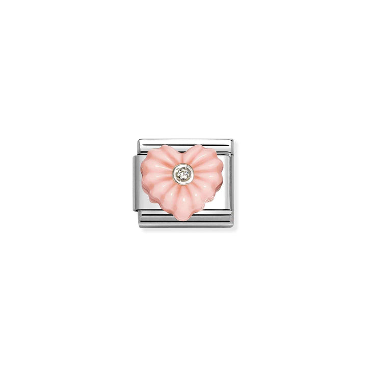 Niche Jewellery Nomination charm featuring a pink heart-shaped stone and central cubic zirconia on silver links.