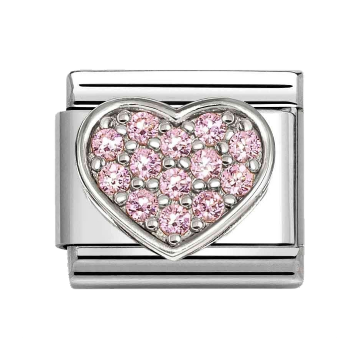 Niche Jewellery Nomination silver charm featuring a heart-shaped pink cubic zirconia stone on a stainless steel base.