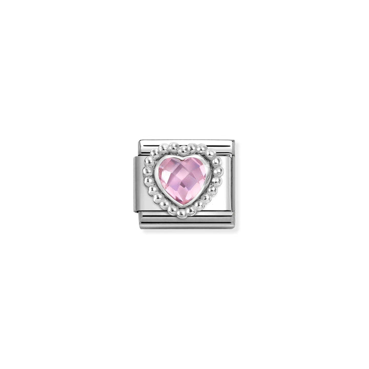 Niche Jewellery Nomination charm featuring a faceted pink heart cubic zirconia stone with a silver dotted border.