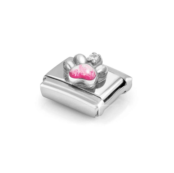 Niche Jewellery Nomination silver charm featuring a pink enamel paw print and sparkling cubic zirconia stone.
