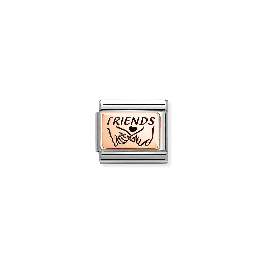 Niche Jewellery Nomination charm featuring a rose gold pinky promise design on a stainless steel link