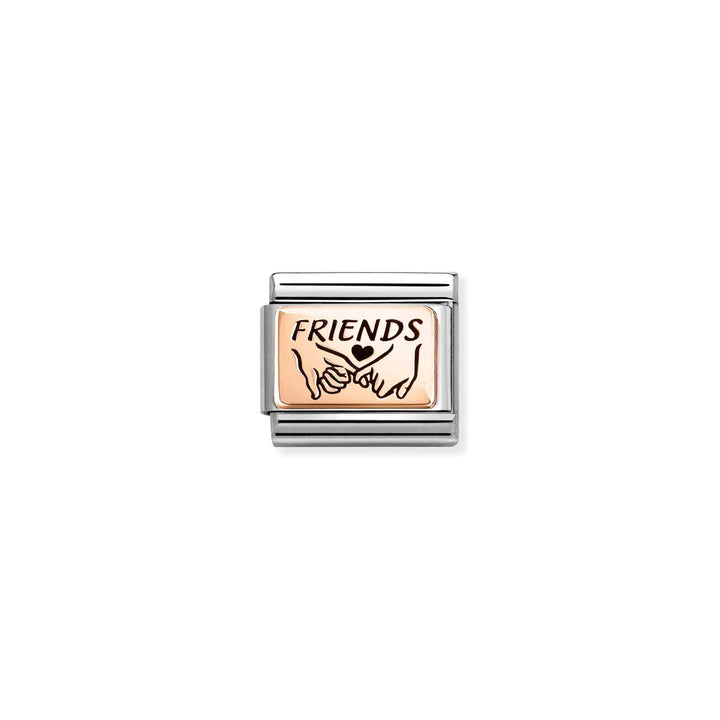 Niche Jewellery Nomination charm featuring a rose gold pinky promise design on a stainless steel link