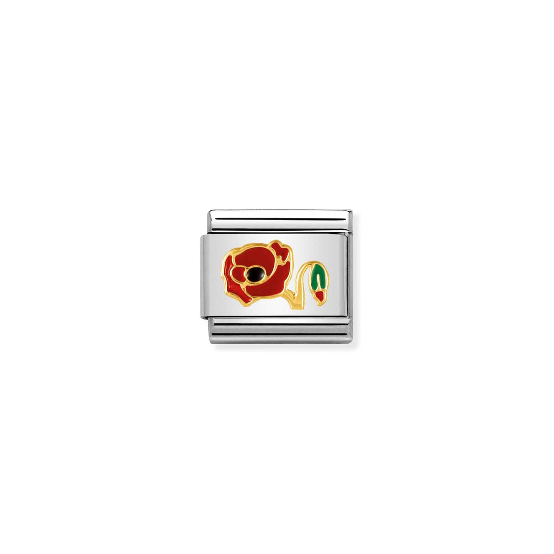 Niche Jewellery Nomination Classic charm featuring a red enamel poppy flower on stainless steel and 18k gold.