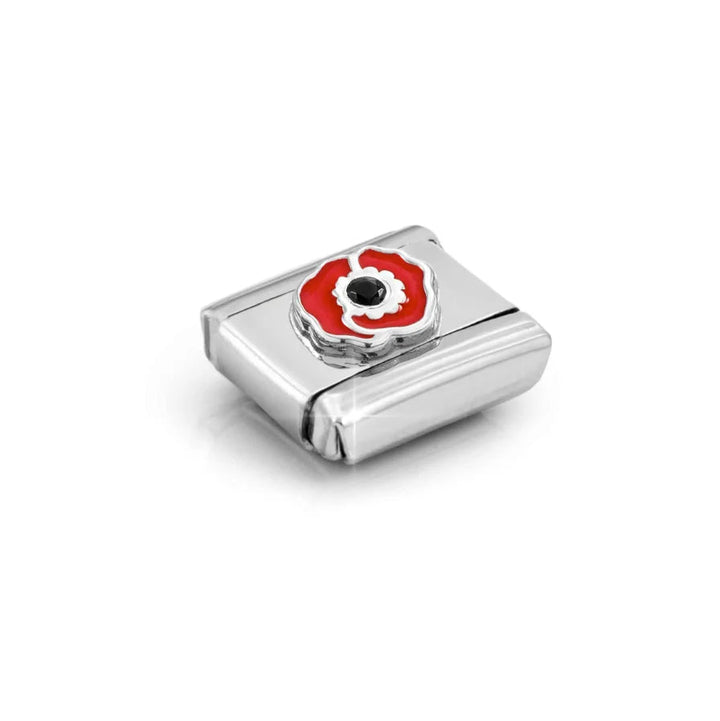 Niche Jewellery Nomination Classic silver charm featuring a red enamel poppy flower with a central black stone.