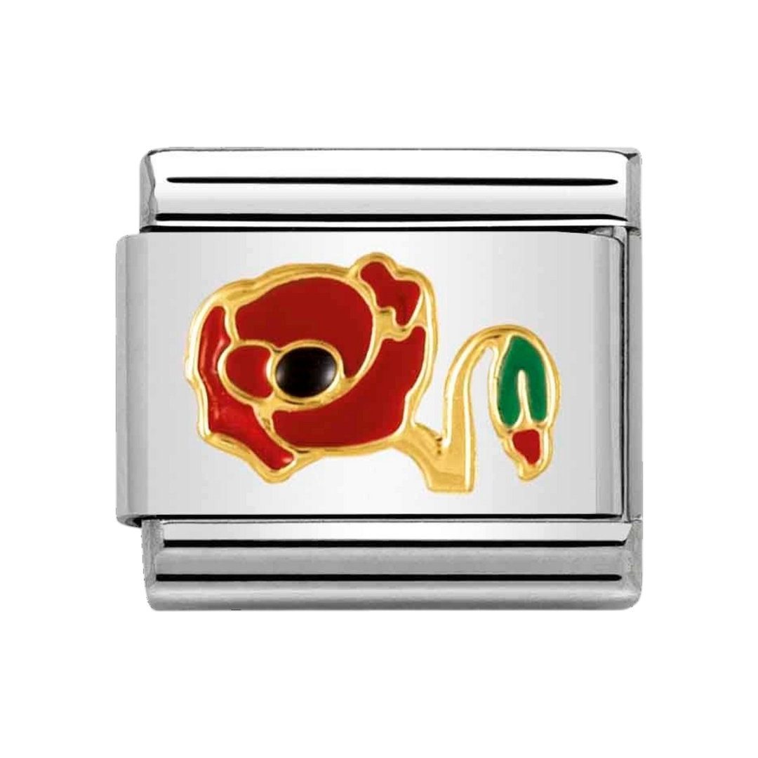 Niche Jewellery Nomination Classic charm featuring a red enamel poppy flower on stainless steel and 18k gold base.