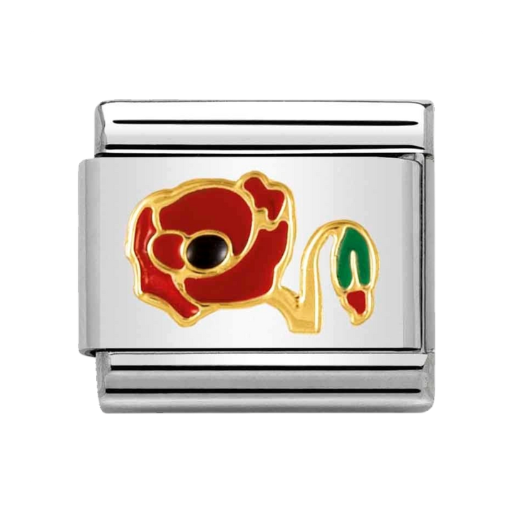 Niche Jewellery Nomination Classic charm featuring a red enamel poppy flower on stainless steel and 18k gold base.