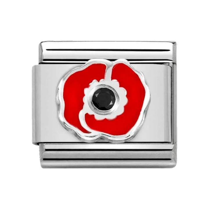 Niche Jewellery Nomination Classic charm featuring a red enamel poppy flower with a black stone center on silver.