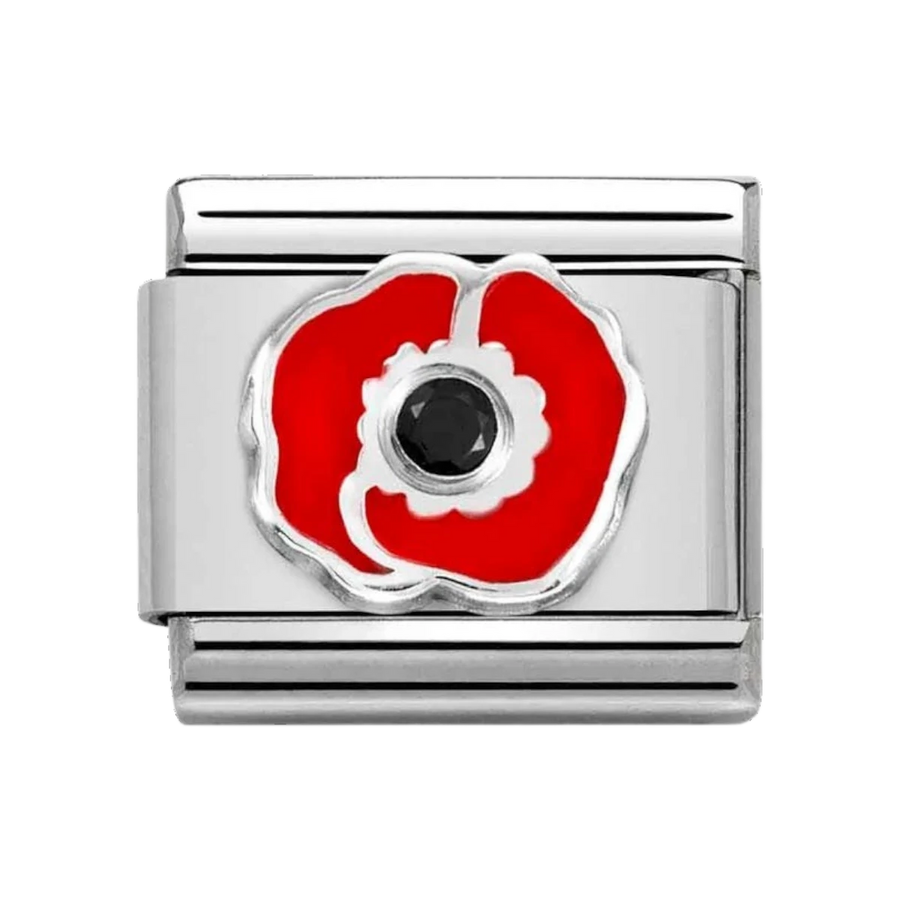 Niche Jewellery Nomination Classic charm featuring a red enamel poppy flower with a black stone center on silver.