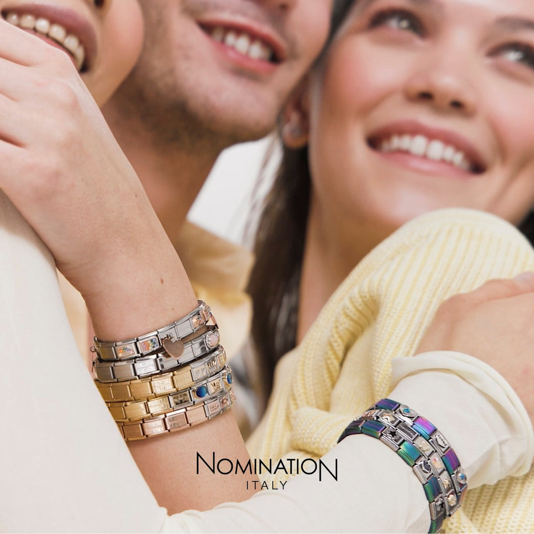Niche Jewellery Nomination Classic silver poppy charm featuring red enamel and stone on a layered composable bracelet