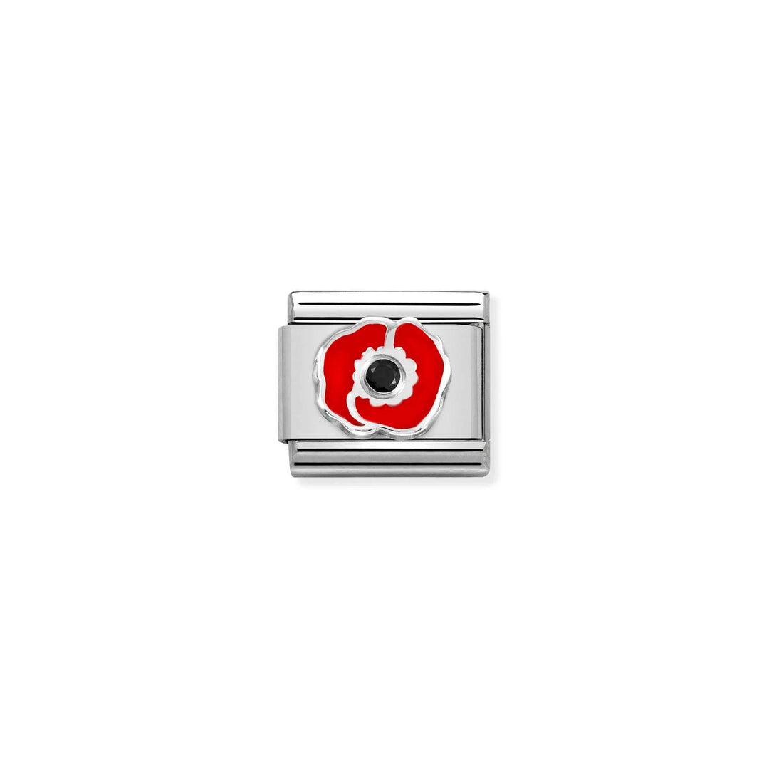 Niche Jewellery Nomination Classic charm featuring a red enamel poppy flower with a black stone centre in silver.