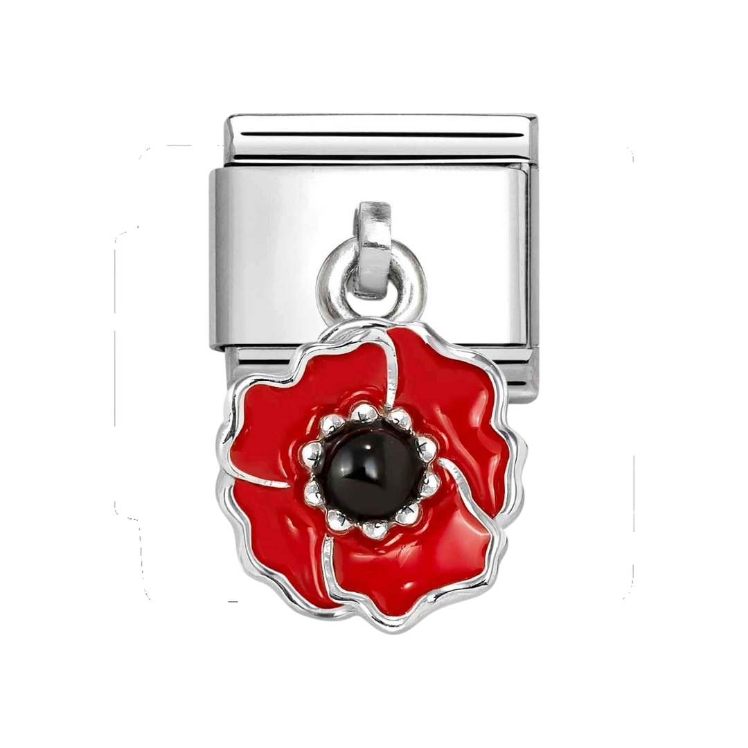Niche Jewellery Nomination silver charm featuring a red and black enamel poppy flower drop design
