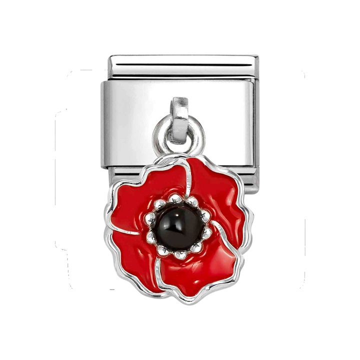 Niche Jewellery Nomination silver charm featuring a red and black enamel poppy flower drop design