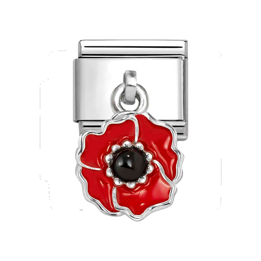 Niche Jewellery Nomination silver charm featuring a red and black enamel poppy flower drop design