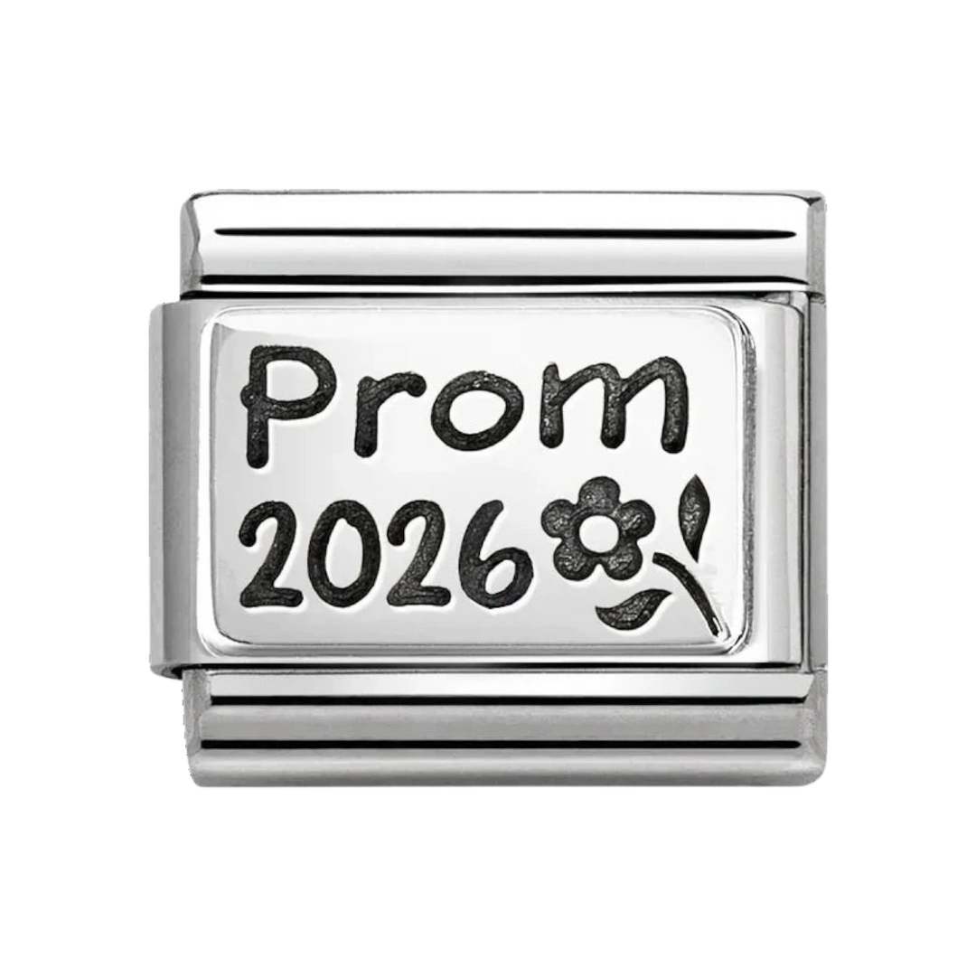 Niche Jewellery Nomination stainless steel charm with oxidised silver Prom 2026 engraving and flower detail.