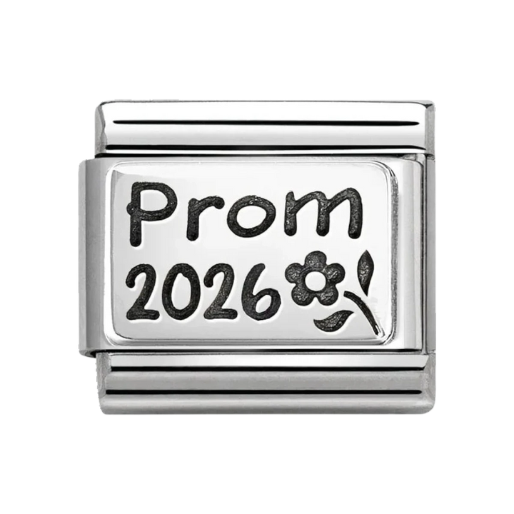 Niche Jewellery Nomination stainless steel charm with oxidised silver Prom 2026 engraving and flower detail.