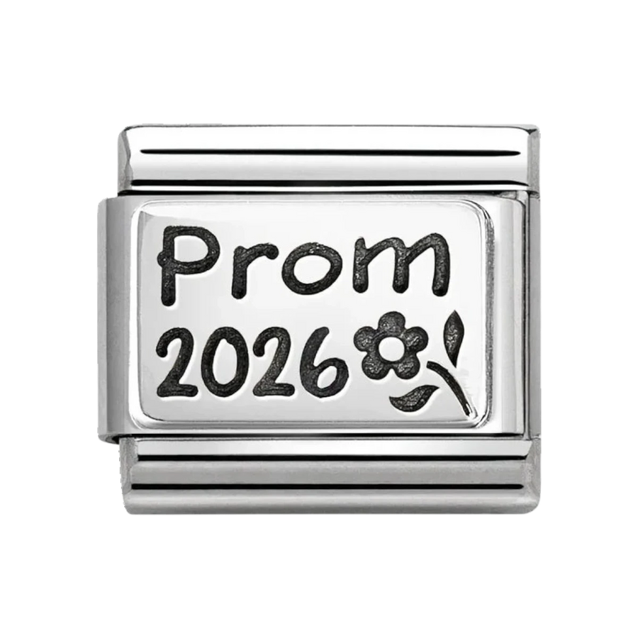 Niche Jewellery Nomination stainless steel charm with oxidised silver Prom 2026 engraving and flower detail.