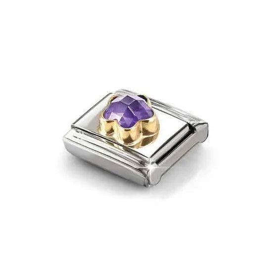 Niche Jewellery Nomination gold and stainless steel charm featuring a purple faceted flower stone.