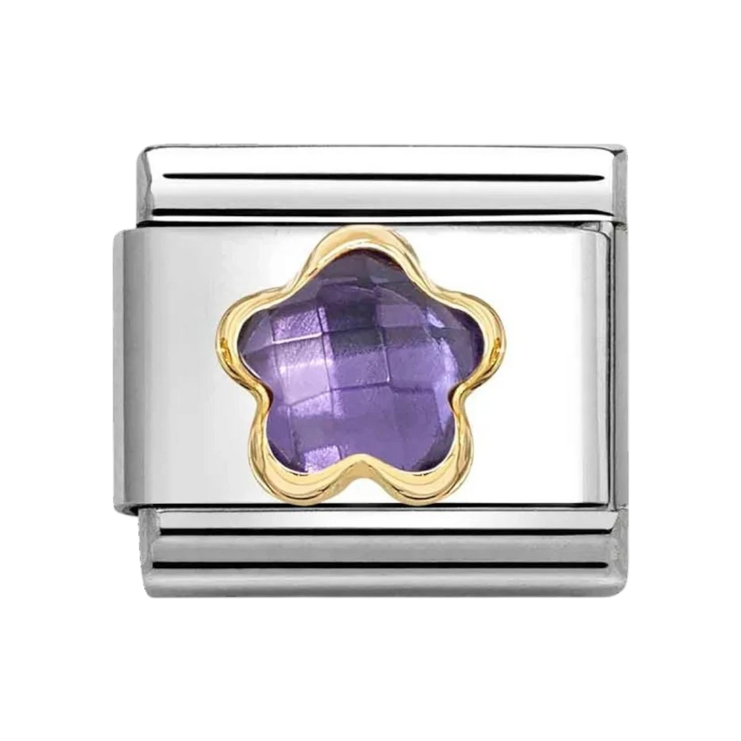Niche Jewellery Nomination gold and stainless steel charm featuring a purple faceted flower stone.