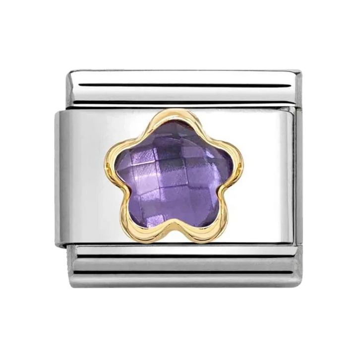 Niche Jewellery Nomination gold and stainless steel charm featuring a purple faceted flower stone.