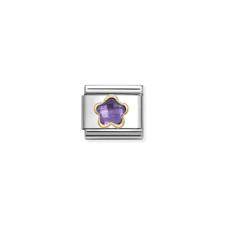 Niche Jewellery Nomination gold and stainless steel charm featuring a purple faceted flower stone.