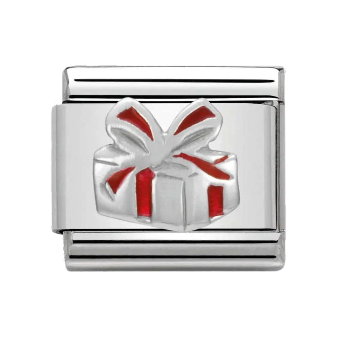 Niche Jewellery Nomination stainless steel charm featuring a silver gift box with festive red enamel ribbon detail.