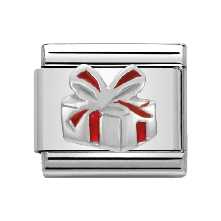 Niche Jewellery Nomination stainless steel charm featuring a silver gift box with festive red enamel ribbon detail.