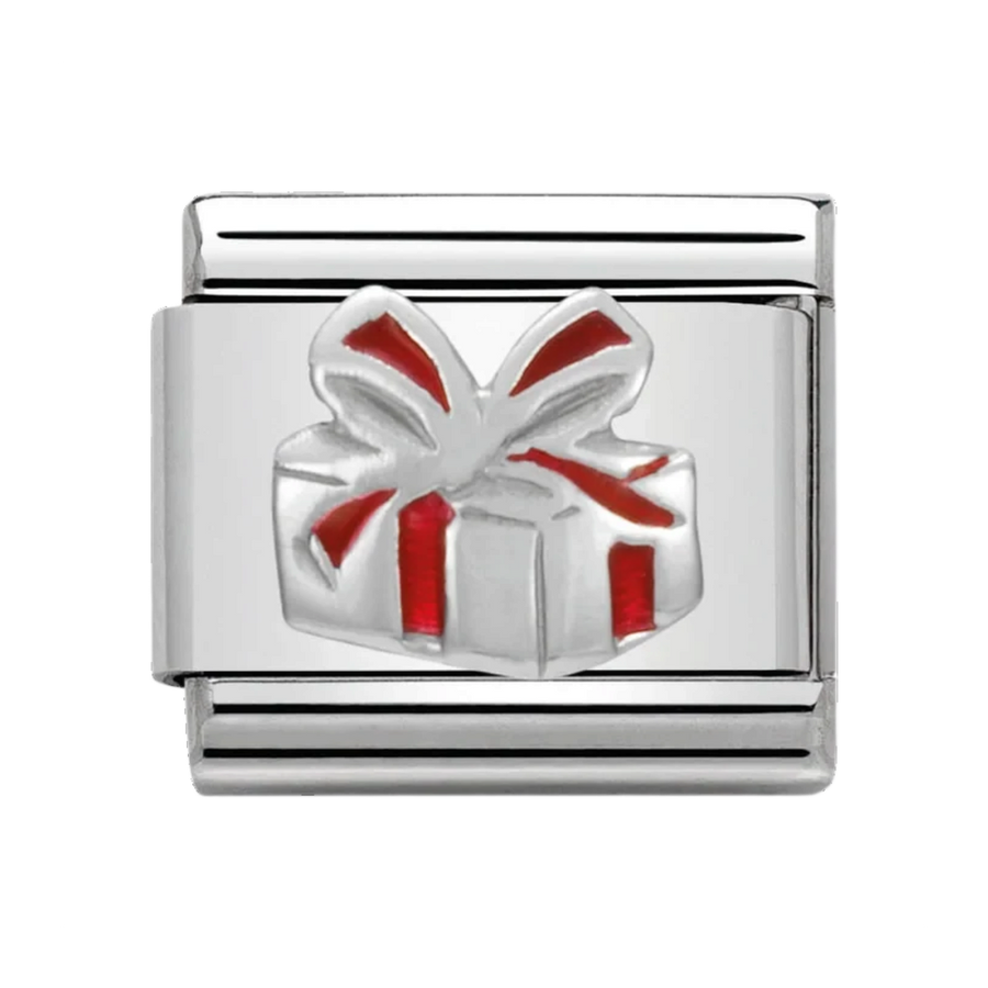 Niche Jewellery Nomination stainless steel charm featuring a silver gift box with festive red enamel ribbon detail.